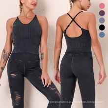 Ladies Gym Wear Conjuntos de roupas de verão Tampa de tanques rasgados e legging de legging de leggings de duas peças para mulheres